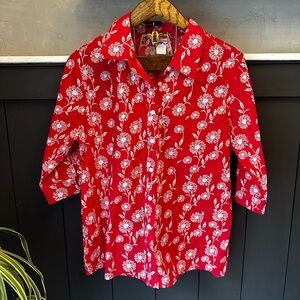 Vintage American Sweetheart Size L Button Down Vibrant Red White Floral‎ Top